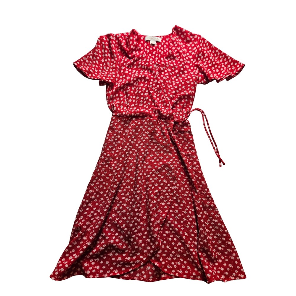 Monteau Los Angeles Red Floral Wrap Dress Short Sleeve V-Neck Size XS 59694F